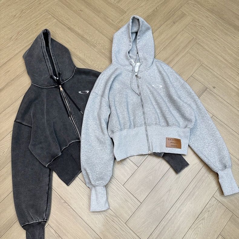 2026 New Environmentally Friendly Fabric Autumn Washed Embroidery Retro Niche Old Widened Thread Short Cardigan Hooded Jacket_viptrois.com