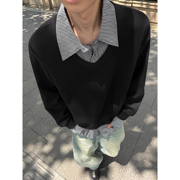 Two-Piece Polo Collar Sweatshirt For Men Spring Cleanf Shirt Patchwork Layered Long Sleeve T-Shirt Miu Style_viptrois.com