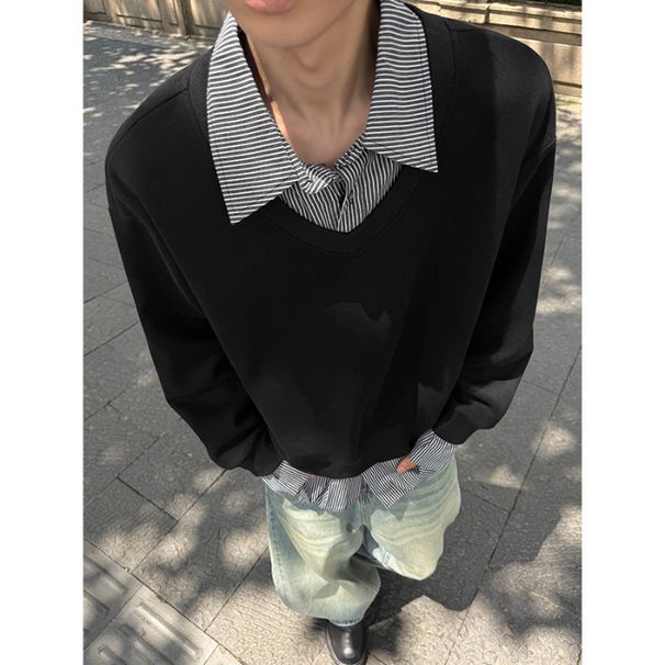 Two-Piece Polo Collar Sweatshirt For Men Spring Cleanf Shirt Patchwork Layered Long Sleeve T-Shirt Miu Style_viptrois.com