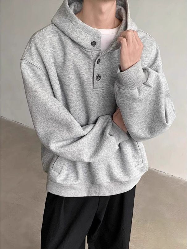 Cleanfit Button-Up Hooded Sweatshirt – Minimalist Henry Collar Pullover For Men (M-XXXL) – Lightweight Polyester Blend Casual Jacket_viptrois.com