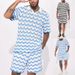 Men's clothing Summer men's sports suit woolen short-sleeved shirt casual shorts wave pattern hot sale_viptrois.com