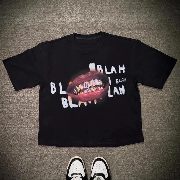 Men's Clothing American Street Style Personality Design Fashion Lips Letter Print Short Sleeve T Shirt_viptrois.com