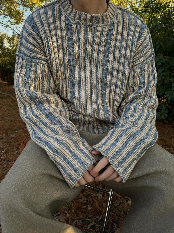 Sweater On Both Sides Men's Korean Style Wear Retro Striped Contrasting Color Round Neck Casual Couple Knitted Sweater Teen_viptrois.com