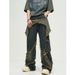 Man's clothing Pentagonal design jeans men vintage big pocket rough edge to do old washed high street tooling wide-leg pants_viptrois.com