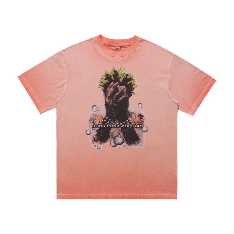Street Portrait Print Reverse Wash Distressed Frayed Edge Men's T-shirt Trendy Brand T-shirt_viptrois.com