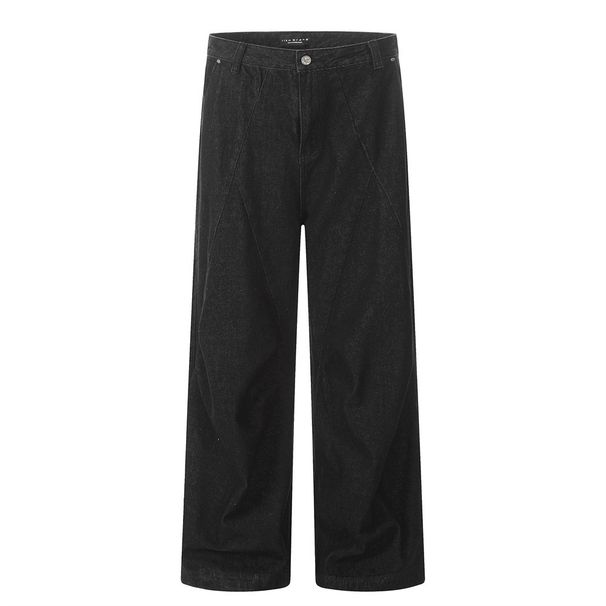 Loose Straight Jeans American High Street Design Deconstructed Split Patchwork Pleated Casual Wide-Leg Pants For Men_viptrois.com
