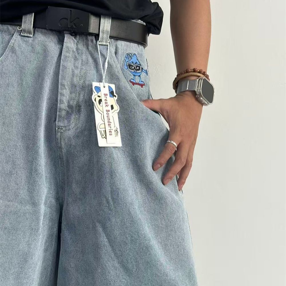 Men's Clothing Cartoon Embroidered Jeans Straight Leg Cropped Pants Loose Casual Skateboard Pants_viptrois.com