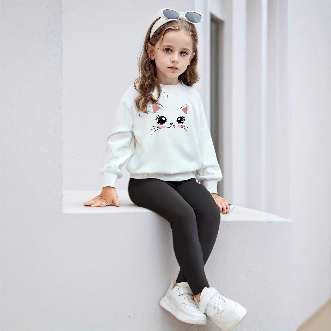 Mother & Kids INS Girls Girls Retro Cat Print Round Neck Sweatshirt Trousers Casual Stylish Children's Suit_viptrois.com