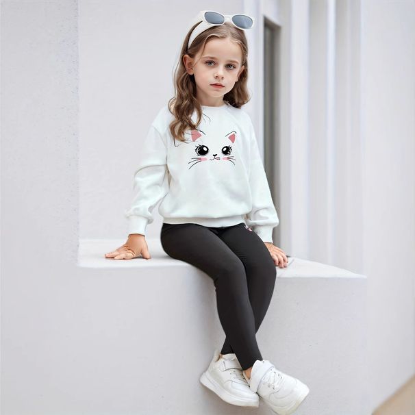 Mother & Kids INS Girls Girls Retro Cat Print Round Neck Sweatshirt Trousers Casual Stylish Children's Suit_viptrois.com