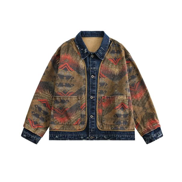 Jiayiku Trendy Brand 2025 Spring New American Ethnic Style Western Jacquard Personalized Washed Cowboy Jacket_viptrois.com