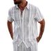 Men's Striped Print Short Sleeve Shirt And Shorts Set Casual 4-Way Stretch Lounge Wear_viptrois.com