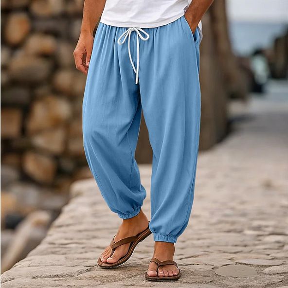 Autumn Wide Men's Cotton And Linen Trousers Summer Jogging Pants Elastic Waist Straight High Waist Solid Color Comfortable And Breathable_viptrois.com