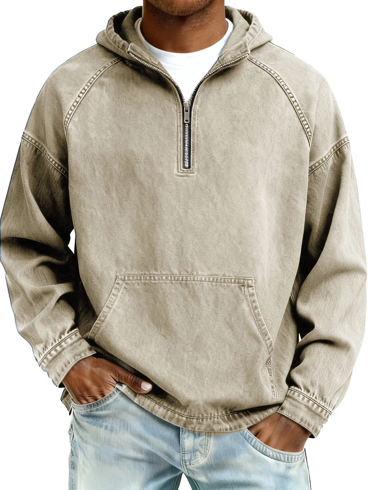 Vintage Distressed Half-Zip Hoodie – Oversized Cotton Blend Pullover For Men (10 Colors, S-4XL)_viptrois.com