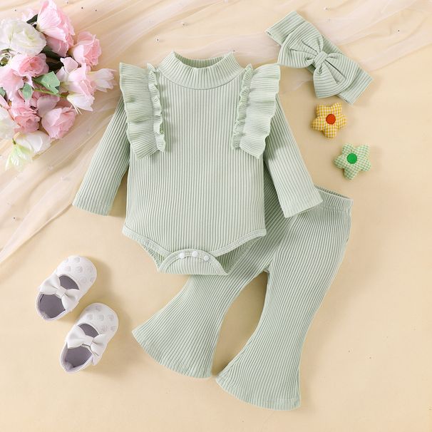 Mother & Kids Multi Color Long Sleeved Ribbed Tops Trousers Flared Pants Girls Suit_viptrois.com