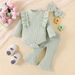 Mother & Kids Multi Color Long Sleeved Ribbed Tops Trousers Flared Pants Girls Suit_viptrois.com