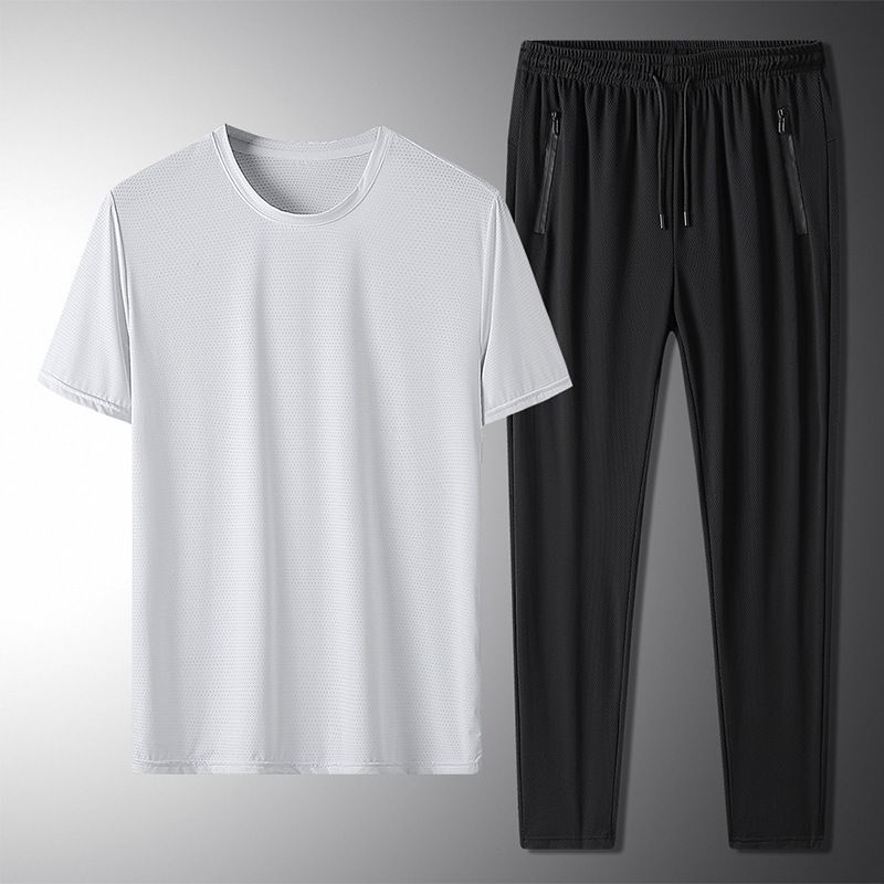 Men's Clothing Ice Silk Round Neck T-shirt Sports Air Conditioning Trousers Ice Silk Suit_viptrois.com
