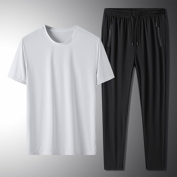 Men's Clothing Ice Silk Round Neck T-shirt Sports Air Conditioning Trousers Ice Silk Suit_viptrois.com