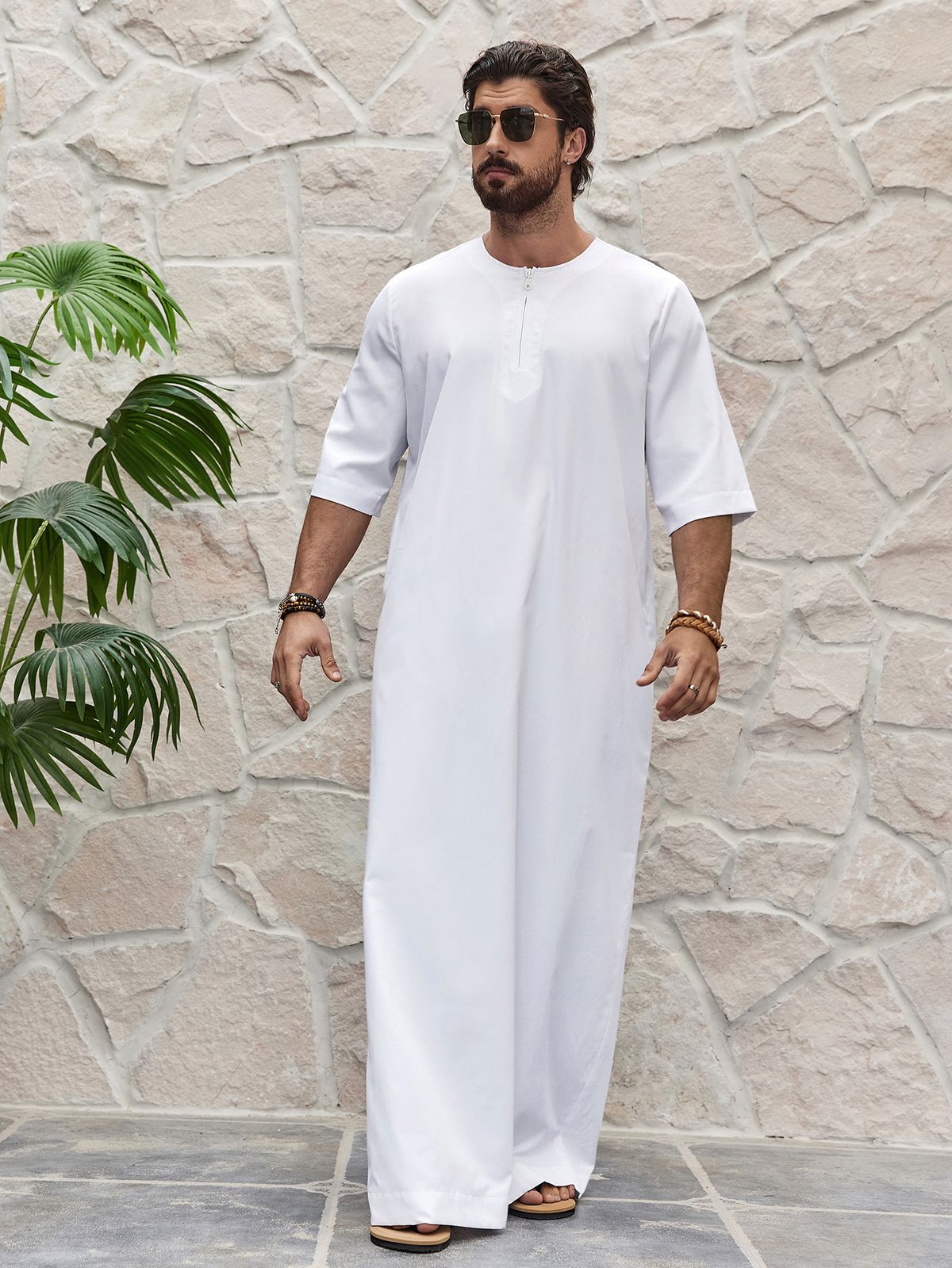 Men's Clothing Men's Simple Solid Color Round Neck Zipper Short Sleeve Shirt Robe_viptrois.com