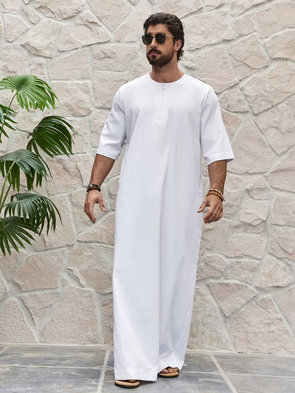 Men's Clothing Men's Simple Solid Color Round Neck Zipper Short Sleeve Shirt Robe_viptrois.com