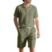 Men's Summer Short Sleeve Casual Suit Loose Fit American Style Linen Breathable Outdoor Work Shorts Black Gray Khaki_viptrois.com