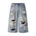 Men's Clothing Street Personality Hand Painted Paint Hole Distressed Wide Leg Jeans Washed Distressed Loose Embroidered Wide Leg Pants_viptrois.com