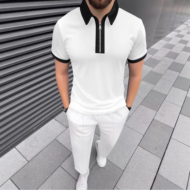 Daily Casual Mens Short Sleeve Outfits Spring Summer Leisure Zipper Lapel Polo Shirt And Pants Two Piece Sets Men Vintage Suits_viptrois.com
