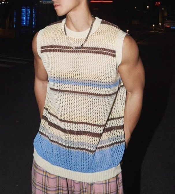 2025 Striped Color Block Loose Sleeveless Vest Knitted T-Shirt Summer Trendy High Street Niche Hollow Out_viptrois.com