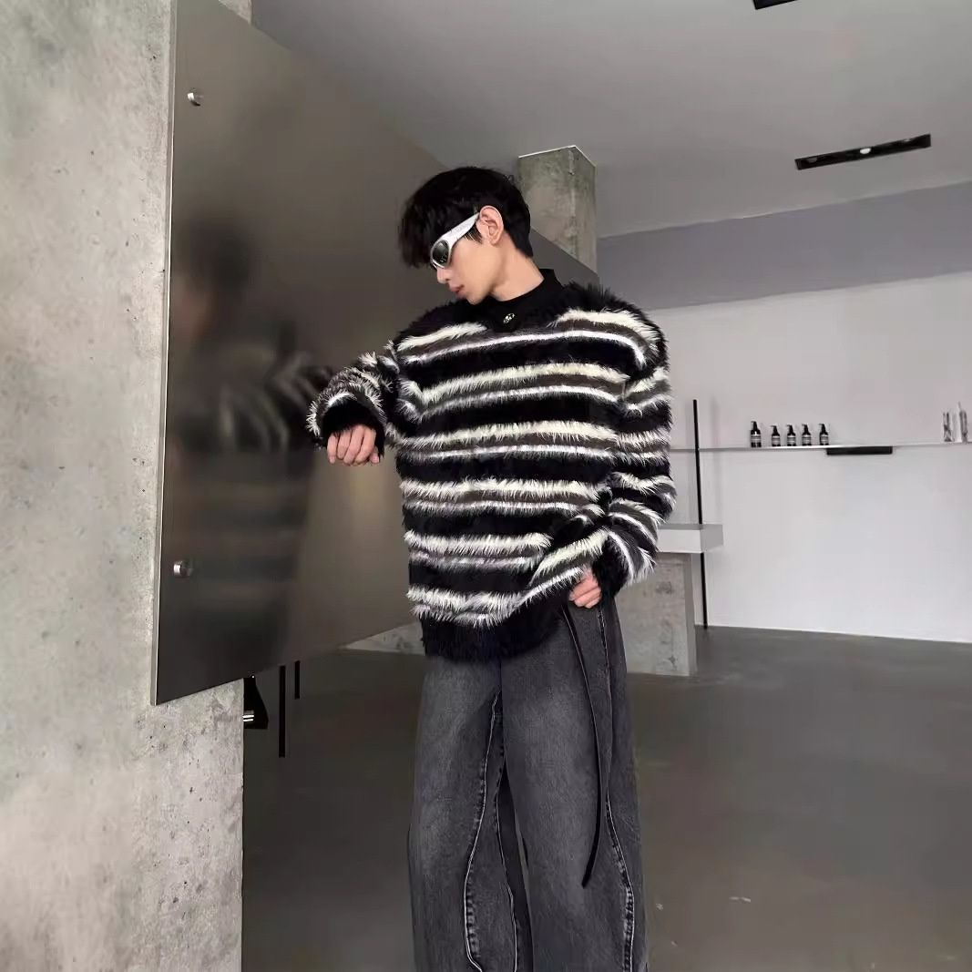 Pure Color Block Striped Sweater Men Autumn Winter American Retro Mink Lazy Knitwear High-end Soft Cozy Coat_viptrois.com