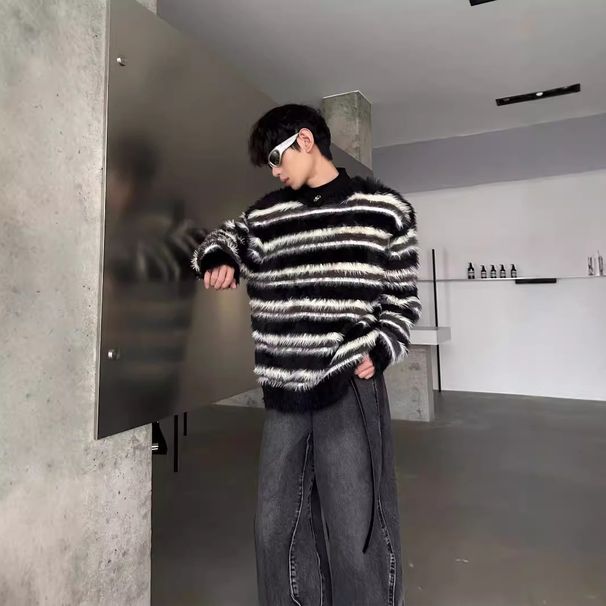 Pure Color Block Striped Sweater Men Autumn Winter American Retro Mink Lazy Knitwear High-end Soft Cozy Coat_viptrois.com