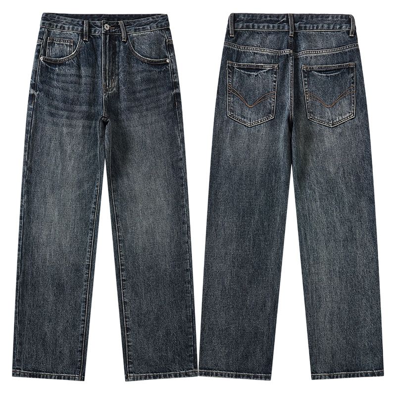 Men's Clothing & Archer0603 & Straight Leg Jeans Men's Trendy Cleanfit American Retro Washed Loose Wide Leg Pants_viptrois.com