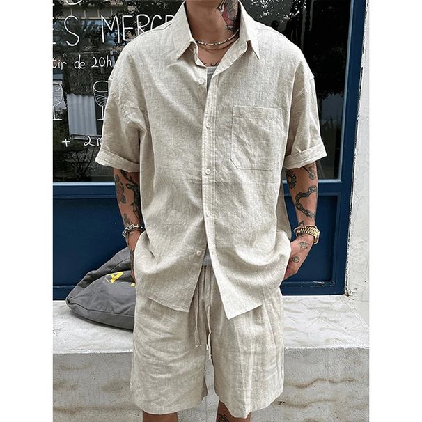Men's Old Money Style Linen Suit Casual Summer Thin Relaxed Lazy Shirt Short Sleeve Shorts Complete Set_viptrois.com