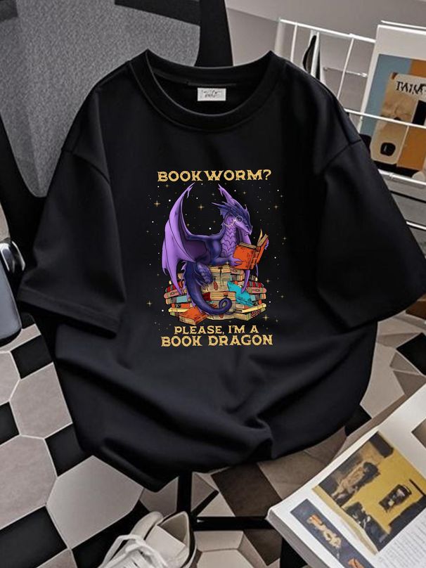 Dragon Book T Shirt Bookworm Reading Lover Designer Clothes Soft Summer Top For Everyday Wear Stylish Stretched Casual Unisex Breathable Fashion_viptrois.com