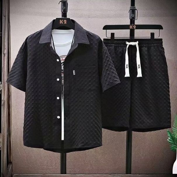 Summer Casual Men's Korean Style Short Sleeved Shirt Set, A Cool And Stylish Two Piece Outfit For Young Men._viptrois.com
