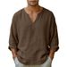 Linen Men's Casual Top Long Sleeved Loose V Neck Old Fashioned T Shirt_viptrois.com