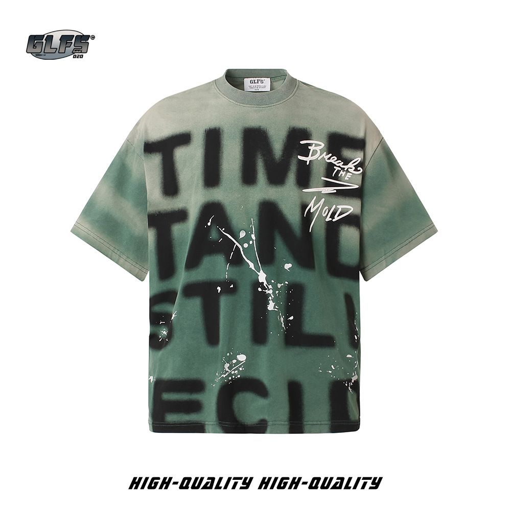 Men's Clothing New Retro Inkjet Heavy Washed Fashion Men's Short Sleeve Dopamine Girls' Half Sleeve Couple Cotton T Shirt_viptrois.com