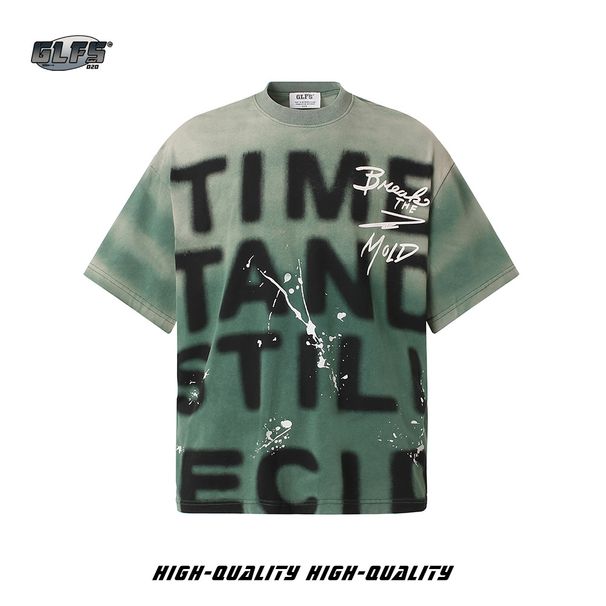 Men's Clothing New Retro Inkjet Heavy Washed Fashion Men's Short Sleeve Dopamine Girls' Half Sleeve Couple Cotton T Shirt_viptrois.com
