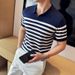 Summer Men's Ice Silk Thin Polo Shirt V Neck Short Sleeve Knitted Horizontal Striped Turn down Collar Trendy T-Shirt_viptrois.com