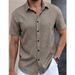 Men’s Short-Sleeve Casual Shirt – Breathable Polyester, V-Neck, Solid & Color-Blocked (Bluish/Greens/Khaki/Greyish/Dark Blue/Brown, S-XXL)_viptrois.com
