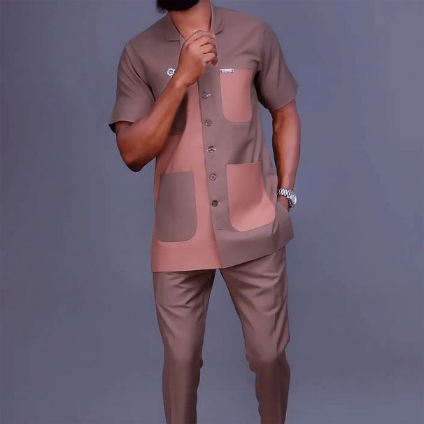 Men's Moslem New Ins Hot Selling Popular Ethnic Style Simple Colorblock Pocket Men's Casual Suit Set_viptrois.com