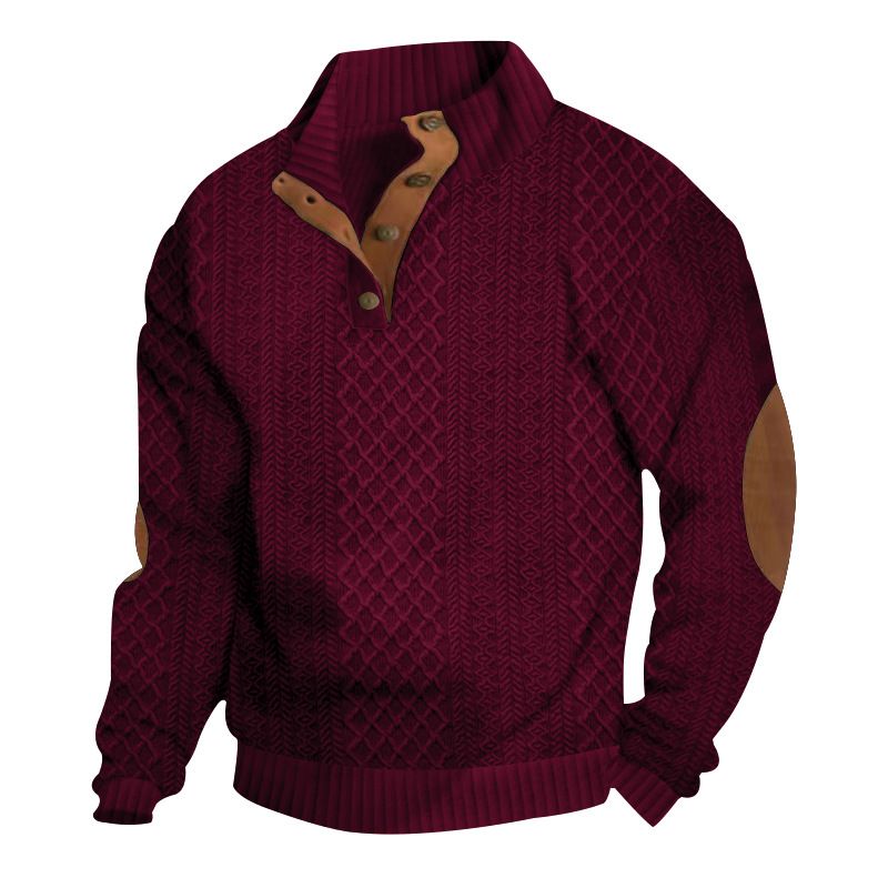 Men's Casual Jacquard Henley Collar Long Sleeve Patchwork Sweatshirt - Winter Warm Pullover With Button Detail, Relaxed Fit_viptrois.com