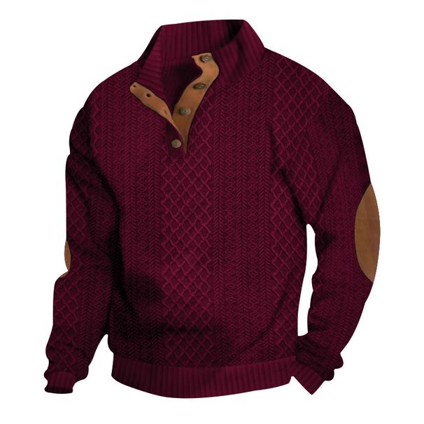 Men's Casual Jacquard Henley Collar Long Sleeve Patchwork Sweatshirt - Winter Warm Pullover With Button Detail, Relaxed Fit_viptrois.com