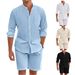 Men's Clothing Men's Summer Two Piece Cotton And Linen Comfortable Button Shirt Long Sleeve Shorts Cardigan Simple Casual Beach Wear_viptrois.com