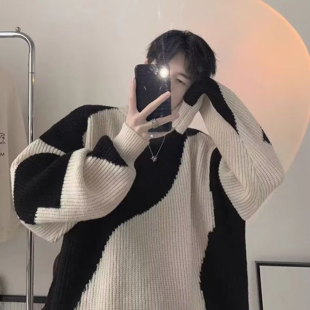 Pure Color-Block Pullover For Men Trendy Design Niche Couple Knitwear Ins Japanese Retro Lazy Style Knitted Sweater_viptrois.com