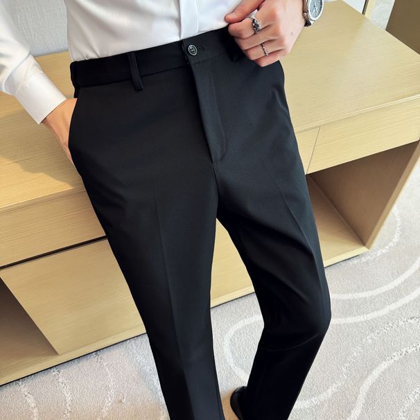 High Quality Men's Wool Business Dress Pants Side Elastic Waistband Crisp Tailored Made in Physical Stores_viptrois.com