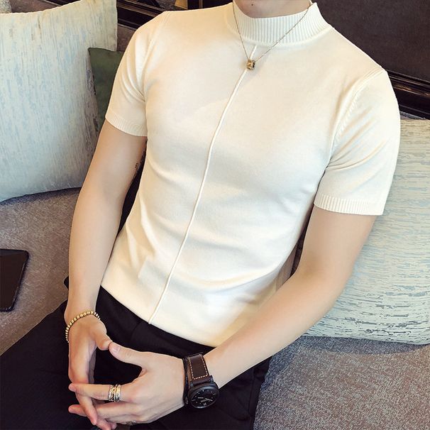 New Men's Turtleneck Short Sweater Korean Style Slim Fit Inner Wear Solid Color Knitted Top Half Sleeve Pullover_viptrois.com