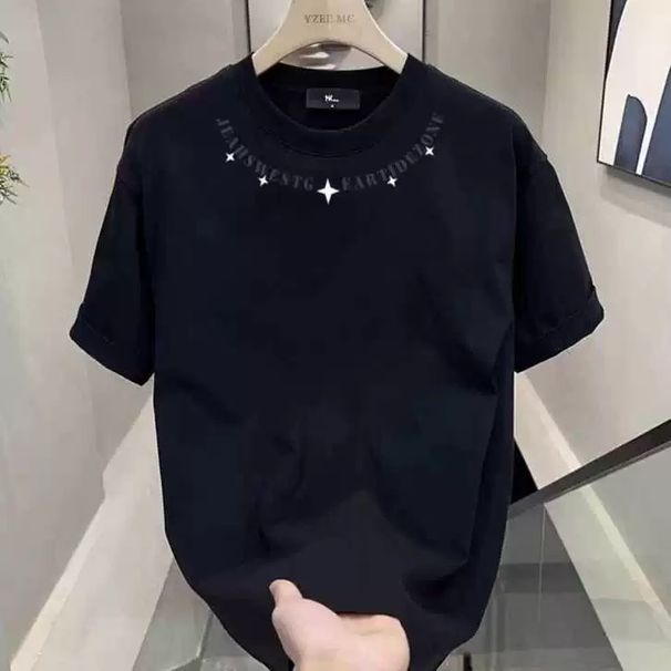 Men's Clothing Summer Cotton T Shirt Short Sleeve Men's Versatile Style Simple American Print Casual High Street Fashion Half Sleeve Heavy Top_viptrois.com