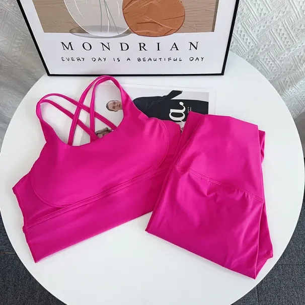 2024 New 2 Piece Yoga Set Breathable Fitness Suit Cross Back Yoga Tops Peach Butt Yoga Pants Pilates Running Fitness Suit_viptrois.com