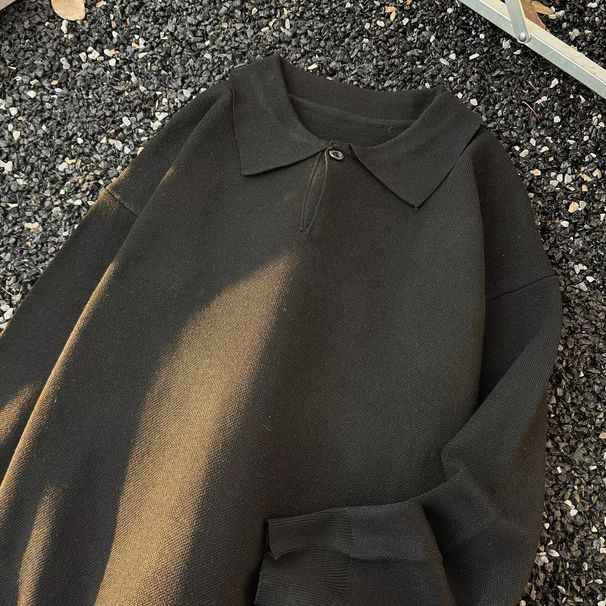 Men’s Retro Color-Block Polo Shirt – Oversized Half-Zip Pullover, Embroidered Lettering (Black/Gray, M-3XL)_viptrois.com