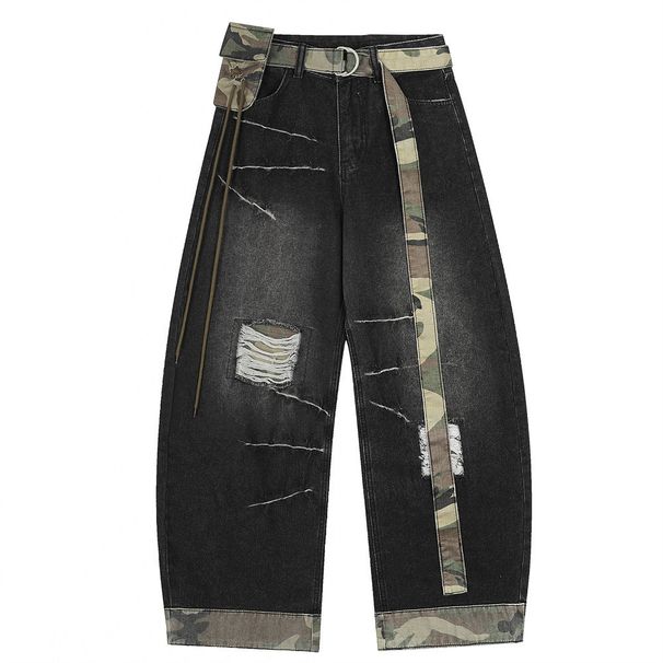 Color Block Patchwork Distressed Denim Scimitar Pants Men's High Street Trendy Vibe With Belt Loose Wide-Leg Trousers_viptrois.com