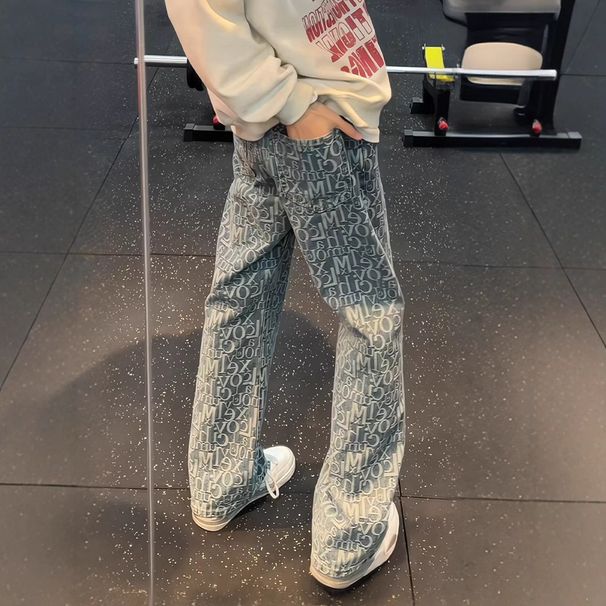 Light Blue Letter Jacquard Full Print Jeans Men's Spring American Fashion Brand Slim-fitting Scimitar Slightly Pulled Pants_viptrois.com